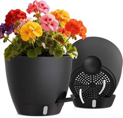 Self Watering Pots with Drainage Holes, 2 Pack 8 Inch Plant Pots with Water Level Indicator Deep Reservoir, Large Plastic Planter for Indoor Outdoor Plants - Black