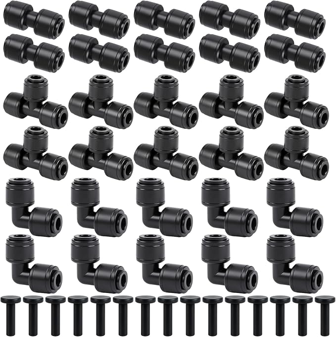 RedChili 45 PCS Quick Connect 1/4" Drip Irrigation Fittings Kit, Universal Drip Line Connectors for 1/4-Inch Drip Tubing Includes Couplings Tees Elbows Plugs Parts for Irrigation System Connection