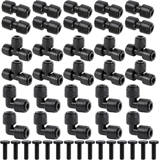 RedChili 45 PCS Quick Connect 1/4" Drip Irrigation Fittings Kit, Universal Drip Line Connectors for 1/4-Inch Drip Tubing Includes Couplings Tees Elbows Plugs Parts for Irrigation System Connection