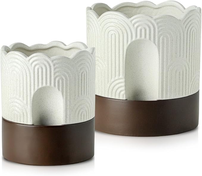 Nihow Self Watering Plant Pot Set: 6 Inch & 8 Inch Ceramic Planter with Drainage Hole & Water Storage Plus - Relief Design Self Watering Pot for Indoor Plants - Beige & Brown Flower Pot -Set of 2 | Visible Water Level Fill Port,Planter with Cotton Wick...