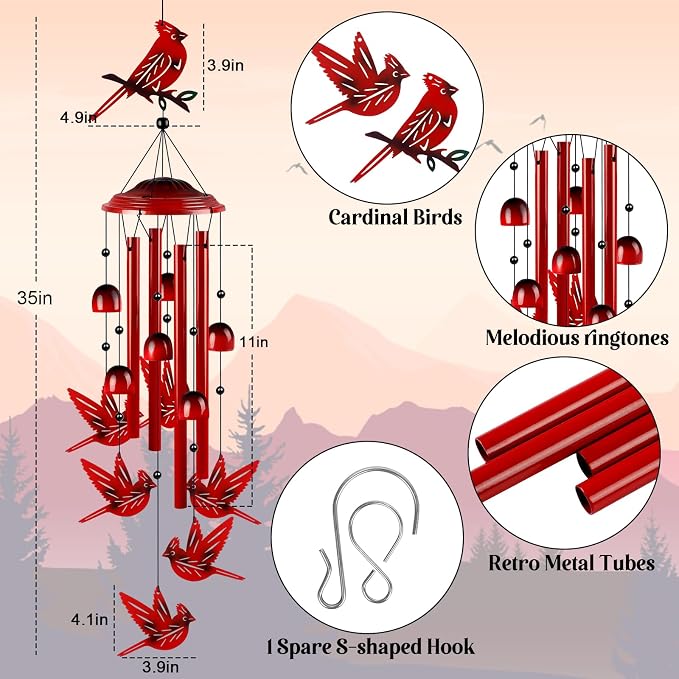 YHmall Cardinal Wind Chimes for Outside, Dad Gifts Soothing Tones Memorial Wind Chime for Garden, Yard, Patio Decor, 35" Cardinal Gifts for Women Windchimes Outdoors for Christmas, New Year