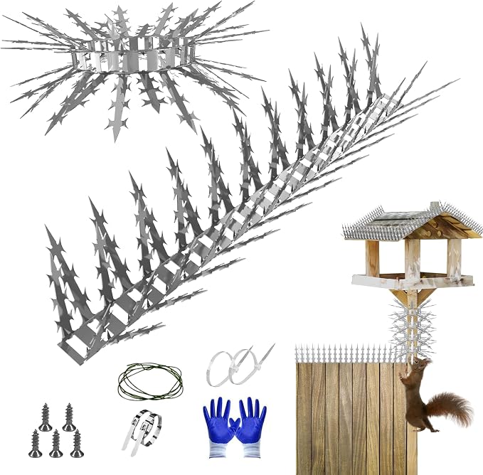 Bird Spikes Squirrel Proof Baffle for Bird Feeders, 158 Inch Avoid Climb Spikes for Outside, Fence, Garden, Tree, Roof, Deterrent Spikes for Squirrel, Raccoon, Pigeon, Cat, Stainless Steel Barb Spikes