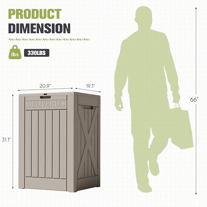 Greesum 48 Gallon Outdoor Package Delivery Box with Lock, Waterproof Secure Parcel Drop Box for Porch, Double-Wall Resin Storage, Light Coffee