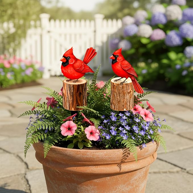 Set of 4 Metal Red Cardinal Birds on Stakes Outdoor Garden Decor - Yard Art Sculptures Standing on Wooden Post Style - Cardinal Gifts for Bird Lovers Patio Lawn Ornaments(Red Cardinal-c)