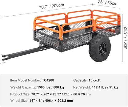 VEVOR ATV UTV Trailer Tow Behind Dump Cart | 1500lbs Capacity, 15 Cubic Feet, Heavy Duty, For Lawn Mower Tractor, Yard Garden Use
