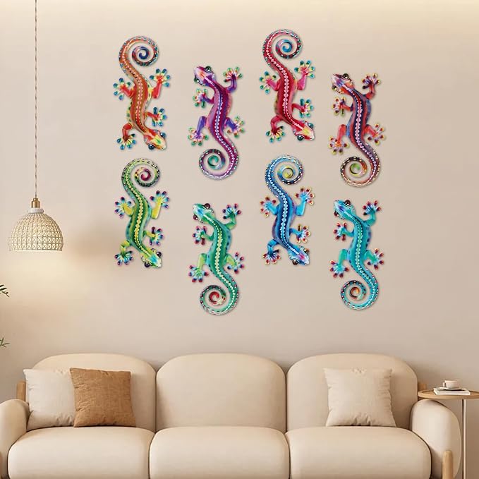 Junware 8 Pcs Metal Gecko Wall Art Outdoor Decor Metal Lizards Wall Decor Lizard 4.2 * 8.5 Inch Suitable for Hanging in Yard Garden Patio Fence Home, Idea Gifts for Mom Father Friends