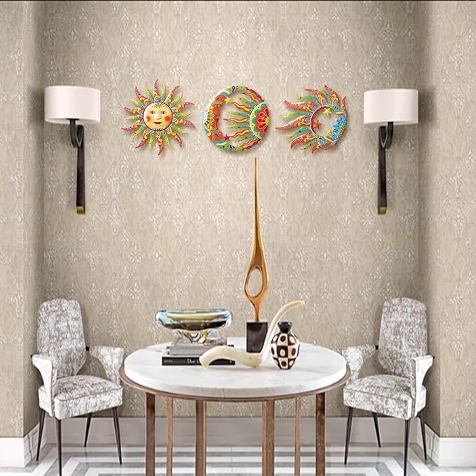 VividLadybug Sun Moon Sun Face Metal Wall Sculpture Set of 3, Indoor Outdoor Garden Fence Decor