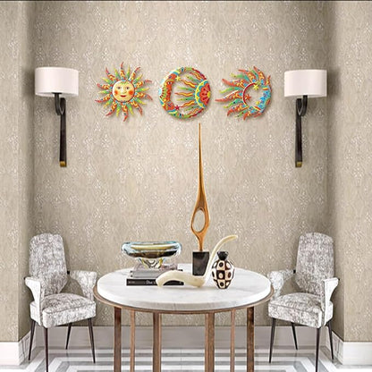VividLadybug Sun Moon Sun Face Metal Wall Sculpture Set of 3, Indoor Outdoor Garden Fence Decor