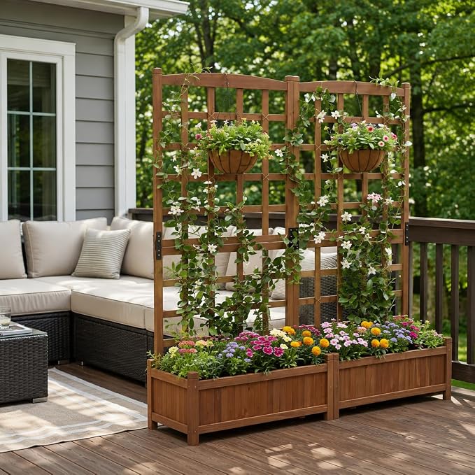 Giantex Wooden Raised Garden Bed with Trellis, Dual Large Planter Boxes for Climbing Plants Vegetables Flowers, Elevated Outdoor Planter w/Drainage Holes & Privacy Screen, Patio Backyard Decoration