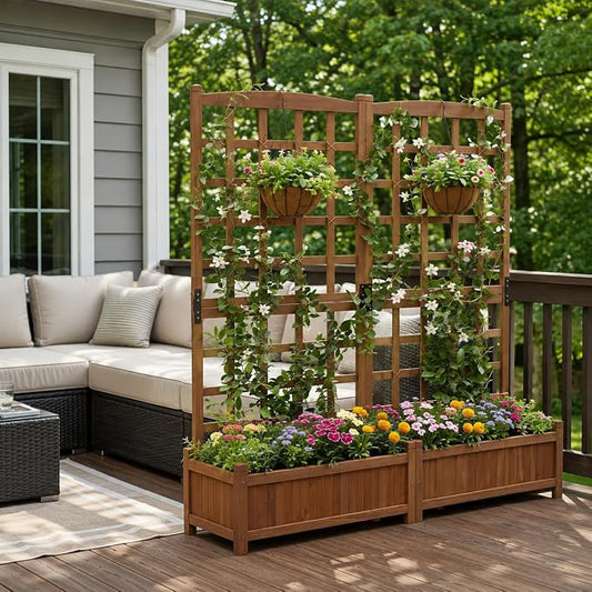 Giantex Wooden Raised Garden Bed with Trellis, Dual Large Planter Boxes for Climbing Plants Vegetables Flowers, Elevated Outdoor Planter w/Drainage Holes & Privacy Screen, Patio Backyard Decoration