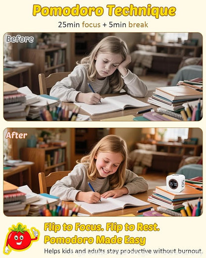Digital Pomodoro Timer Cube 5/10/25/50min, Visual Productivity Flip Timer for Kids Classroom Desk, Custom Countdown, Silent and Sound Mode for ADHD Study Work Game Kitchen (White)