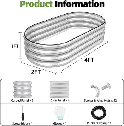 G GOOD GAIN Galvanized Metal Raised Garden Bed Kit - 4x2x1FT Outdoor Planter Box with Safety Edging and Gloves for Vegetables, Fruits, Flowers(Silver, 2PC)