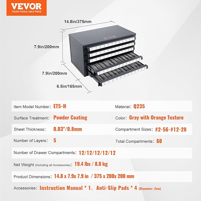 VEVOR Five-Drawer 2-56-#12-28 Steel Dispenser Organizer Labels, 60-Compartment Stackable Cabinet for Tap Storage, Gray with Orange Texture
