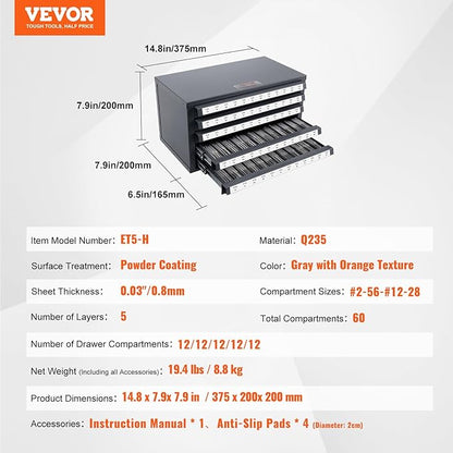 VEVOR Five-Drawer 2-56-#12-28 Steel Dispenser Organizer Labels, 60-Compartment Stackable Cabinet for Tap Storage, Gray with Orange Texture