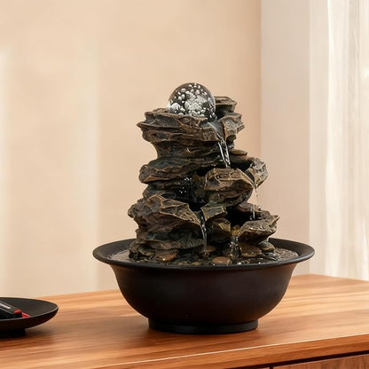 Tabletop Waterfall Fountain with Cascading Rock & Spining Orb, Indoor Zen Meditatin Waterfall for Home Office Relaxation