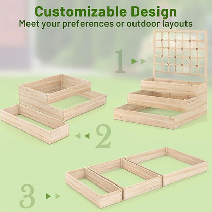 Giantex 3-Tier Raised Garden Bed with Trellis and 3 Planter Boxes, Outdoor Open-Ended Wood Raised Bed for Planting and Vines Flowers Vegetables Growing, 44"x45"x56"