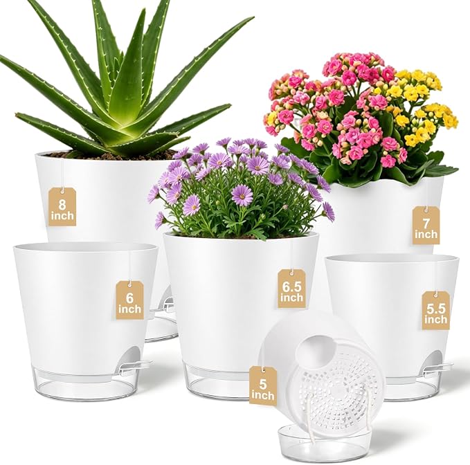 QRRICA 5/5.5/6/6.5/7/8 inch Self Watering Pot Set, Visible Water Level Planter with Transparent Reservoir & Drainage Holes, Plastic Flower Pots with Cotton Rope for Indoor/Outdoor Use (White)