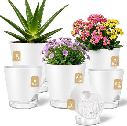 QRRICA 5/5.5/6/6.5/7/8 inch Self Watering Pot Set, Visible Water Level Planter with Transparent Reservoir & Drainage Holes, Plastic Flower Pots with Cotton Rope for Indoor/Outdoor Use (White)