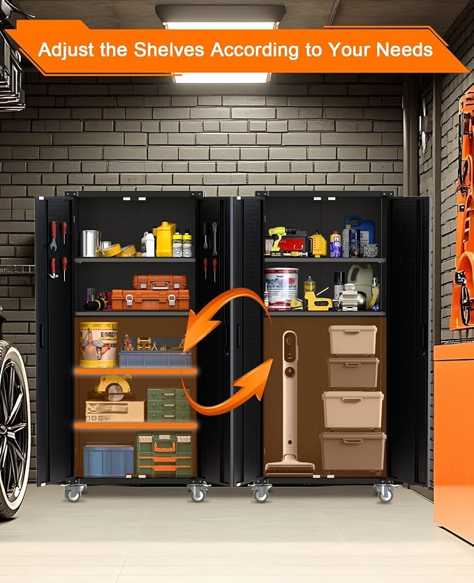 Garvee 72 in Tall Garage Storage Cabinet – 600 LB Capacity Metal Tool Cabinet with Magnetic Lock, 4 Adjustable Shelves & Wheels, Heavy-Duty Steel Storage for Workshop, Home & Office