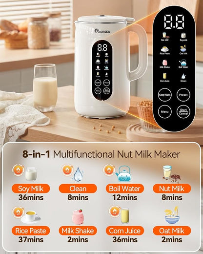 IAGREEA 10-in-1 Nut Milk Maker Machine 304 Stainless Steel Lid BPA Free, 35oz Soy Milk Maker for Homemade Milkshake, Almond, Oat, Plant-Based Drink, 10 Blades Blender with timer/Boil Water/Self Clean