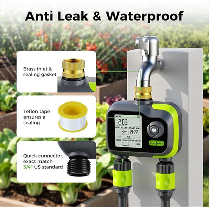 Sprinkler Timer, Brass Inlet Programmable Watering Timer for Garden Hose Fits 3/4” US Faucet, Outdoor Auto& Manual Hose Timer w/Rain Delay& Lock, Dirp Irrigation for Lawn, Yard, 2 Outlets