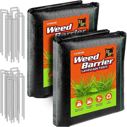 LAVEVE 3FT x 100FT Weed Barrier Landscape Fabric Heavy Duty, 3.2oz Premium Garden Ground Cover Mat for Weed Control, Gardening, Plant Beds and Farming (3x50FT x 2Pack)