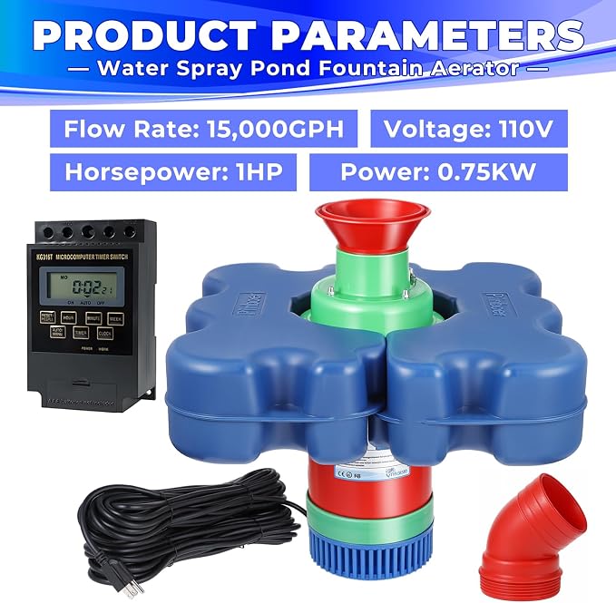 Pond Fountain Aerator Floating with Time Controller for Outdoor Large Ponds | AC110V 1HP 750W with 15000 GPH Aeration System Aerating Fountain Pump for Outdoor Ponds & Lakes with 15A/100FT Power Cord