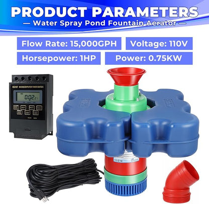 Pond Fountain Aerator Floating with Time Controller for Outdoor Large Ponds | AC110V 1HP 750W with 15000 GPH Aeration System Aerating Fountain Pump for Outdoor Ponds & Lakes with 15A/100FT Power Cord