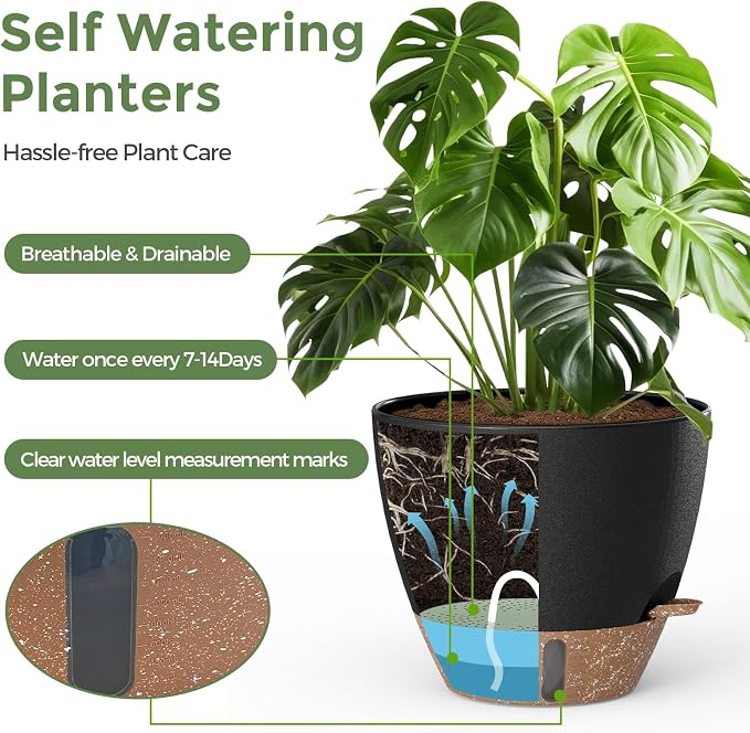Plant Pots, 12" 10" 6" 8" Self Watering Pots with Water Level Indicator, Set of 5 Flower Pots Indoor with Drainage Holes, Modern Planters for Indoor Outdoor Plants, Room & Office Décor