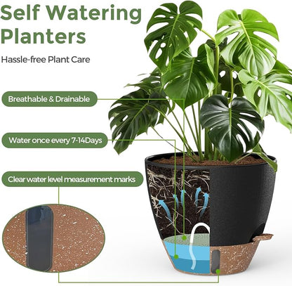 Plant Pots, 12" 10" 6" 8" Self Watering Pots with Water Level Indicator, Set of 5 Flower Pots Indoor with Drainage Holes, Modern Planters for Indoor Outdoor Plants, Room & Office Décor
