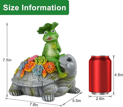 Solar Garden Outdoor Statues Turtle& Frog with Succulent and 8 LED Lights, Turtle Carrying Lotus Leaf Frog Figurines, Lawn Decorations for Patio Yard Gifts for Mom Grandma Housewarming