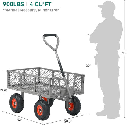 Heavy Duty Garden Cart, 900 lb Steel Wagon with All Terrain Tires | Removable Sides Become Flatbed, 180° Rotating Handle,for Yard, Garden, Hauling