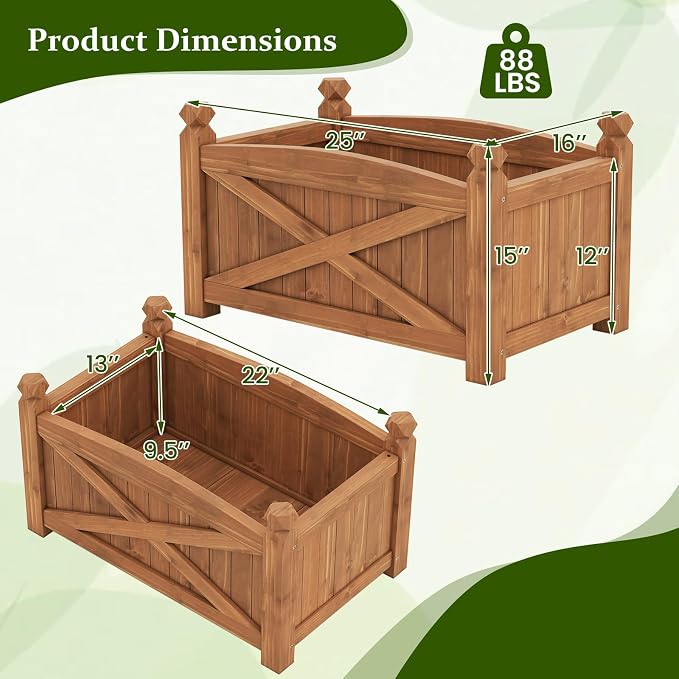 HAPPYGRILL Wooden Raised Garden Bed, 2 Solid Wood Gardening Plant Container w/Drainage Holes for Flower Vegetable Fruit, Outdoor Elevated Planter Box for Patio Garden Yard Balcony (25”x 16”x 15”)