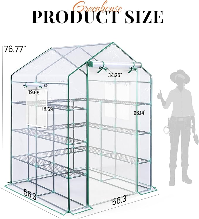 KING BIRD Premium Greenhouse for Outdoors, 56x56x78 in Walk-in Hot House with Thickened Cover, Reinforced Frame, Screen Windows & Mesh Door, 4 Tiers 12 Shelves for Outside Garden Seedlings, Clear
