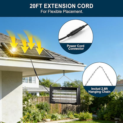Solar Bug Zapper Outdoor 18W | 9600mAh, 365–395nm UV, Dusk-Dawn Sensor, IPX5 Waterproof, 20ft Cord, Indoor & Outdoor for Home, Patio, Garden, Deck, Camping