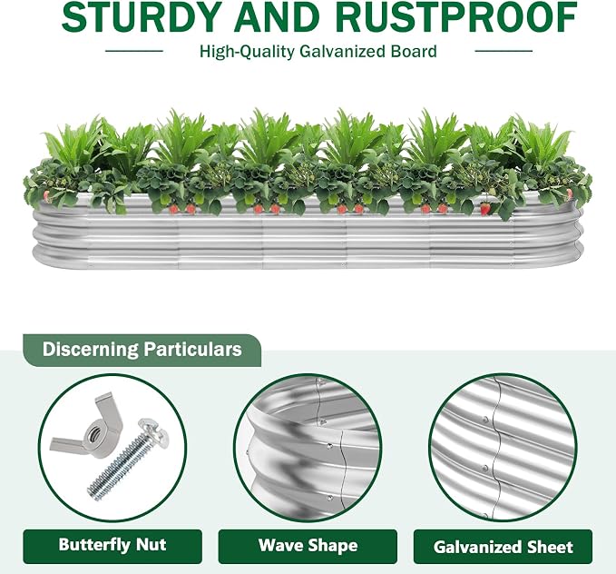RAYKEEP 2pcs 8x2x1FT Raised Garden Beds Outdoor Kit, Galvanized Oval Planter Box, Metal Bottomless Elevated Garden Boxes Set for Planting Vegetables, Fruits, Flowers, Silver