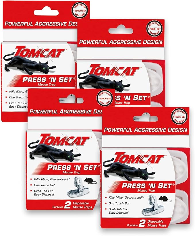 Tomcat Press 'N Set Mouse Trap, 4-Pack (8 Traps) | Plastic Spring-Loaded Mouse Killer with Grab Tab, 4 Packages Each with 2 Traps