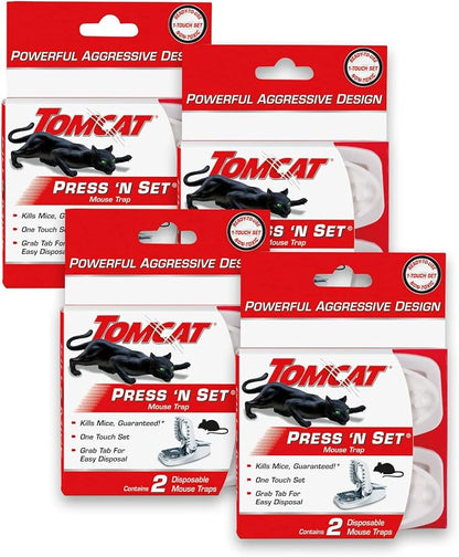 Tomcat Press 'N Set Mouse Trap, 4-Pack (8 Traps) | Plastic Spring-Loaded Mouse Killer with Grab Tab, 4 Packages Each with 2 Traps