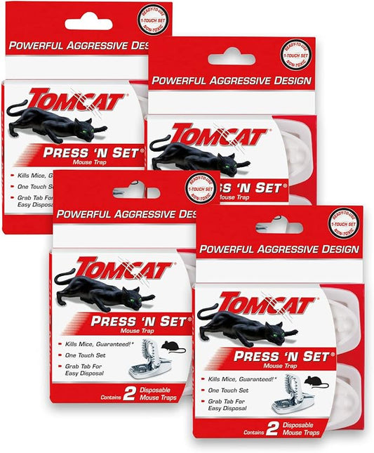 Tomcat Press 'N Set Mouse Trap, 4-Pack (8 Traps) | Plastic Spring-Loaded Mouse Killer with Grab Tab, 4 Packages Each with 2 Traps