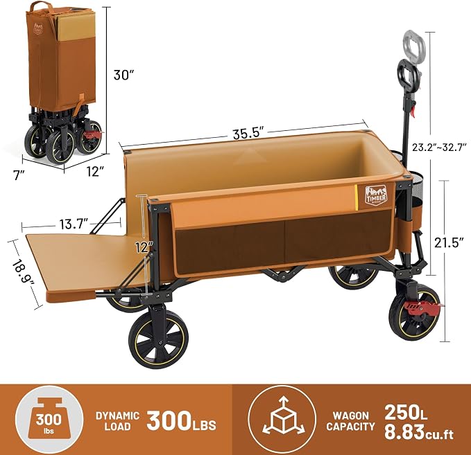 Timber Ridge 49" Extra Long Collapsible Folding Wagon with Tailgate and Brakes, 250L Capacity All-Terrain Wagon Carts Foldable, 300lbs Portable Cart for Dog, Garden, Outdoor Camping Sports, Orange