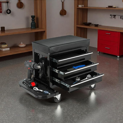 Tool Chest, 3-Drawers Rolling Tool Chest with 2 Foldable Side Trays & Screworivers Supports, Rolling Mechanic Seat with Seat Cushion for Workshop, Warehouse, Capacity 350lbs, Black