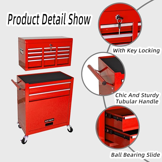 8-Drawer Tool Chest, Detachable Top Box for Garage,Red | Rolling Mobile Storage Cabinet Organizer with Lockable Wheels for Workshop Utility, Heavy Duty Metal Construction