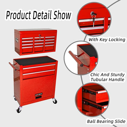 8-Drawer Tool Chest, Detachable Top Box for Garage,Red | Rolling Mobile Storage Cabinet Organizer with Lockable Wheels for Workshop Utility, Heavy Duty Metal Construction