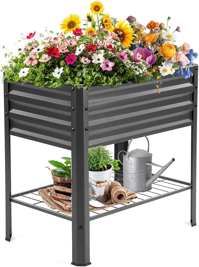 Raised Garden Bed with Legs and Shelf, 2pcs 32"x20"x31.5" Powder Coated Elevated Metal Planter with Legs for Outdoor Vegetables, Standing Raised Beds for Balcony, Patio, Lawn and Backyard