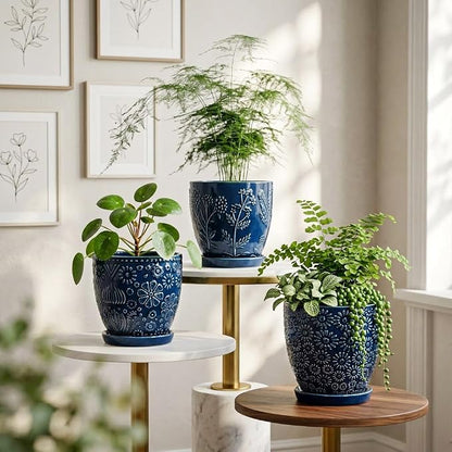 Hollyone Set of 3 Blue Ceramic Planter 6 Inch Flower Plant Pot with Drainage Hole and Saucer for Plants Embossed Indoor Outdoor Garden Embossed Ceramic Glazed Round Pot for Succulent Orchid