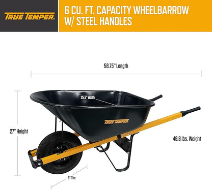 True Temper Wheelbarrow with Pneumatic Tire and Steel Handles, 6 Cu. Ft