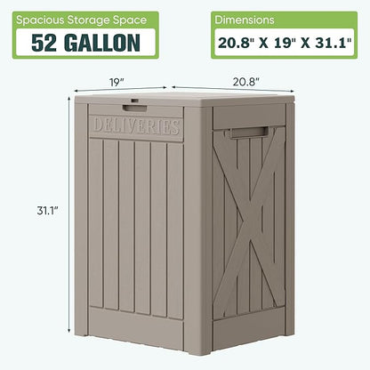 Greesum 52 Gallon Large Outdoor Package Delivery Box for Porch, Lockable Secure Double-Wall Resin Storage Box, Waterproof Deck Box for Package Protection, Light Coffee