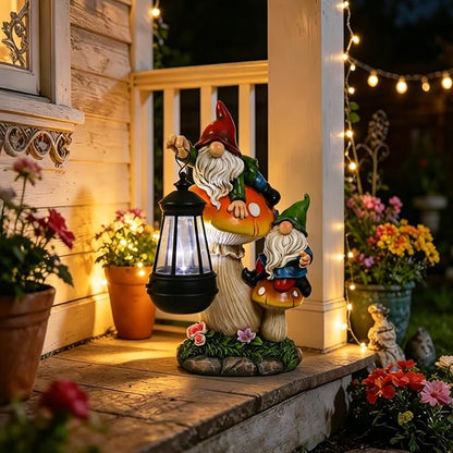 Garden Gnome Statue, Large Funny Gnome Figurine Climbing on Mushroom and Holding a Solar LED Lantern Resin Ornament for Patio Yard Lawn Porch Outdoor Decor