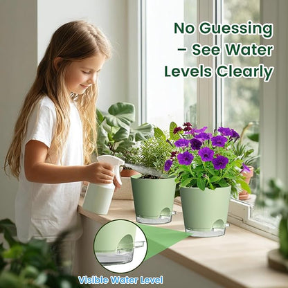 Meowell 8 inch Self Watering Pots for Indoor Outdoor Plants, 2 Pack Flower Plant Pots with Drainage Holes & Clear Reservoir for Visible Water Level, Plastic Wicking Planters for House Plants, Green