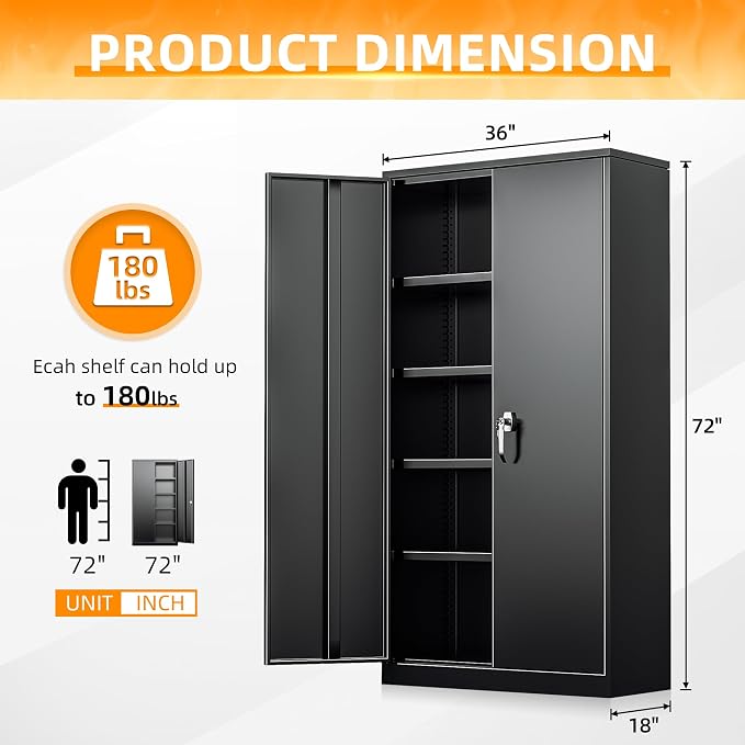 INTERGREAT Black Metal Storage Cabinet Doors, 72" Locking Steel Storage Cabinet with Shelves, Tall Metal Cabinet Lockable Steel Cabinets for Home Office, Garage